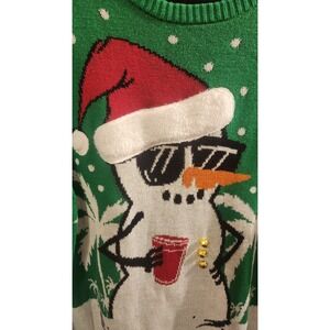 Men's Large JEM Christmas‎ Ugly Green Sweater Snowman  Summer Palm Trees Bells